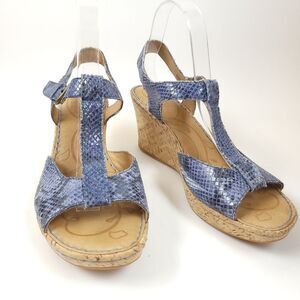 BORN MARES suede snake skin t-strap Blue Size 10 Wedge Sandal Shoes